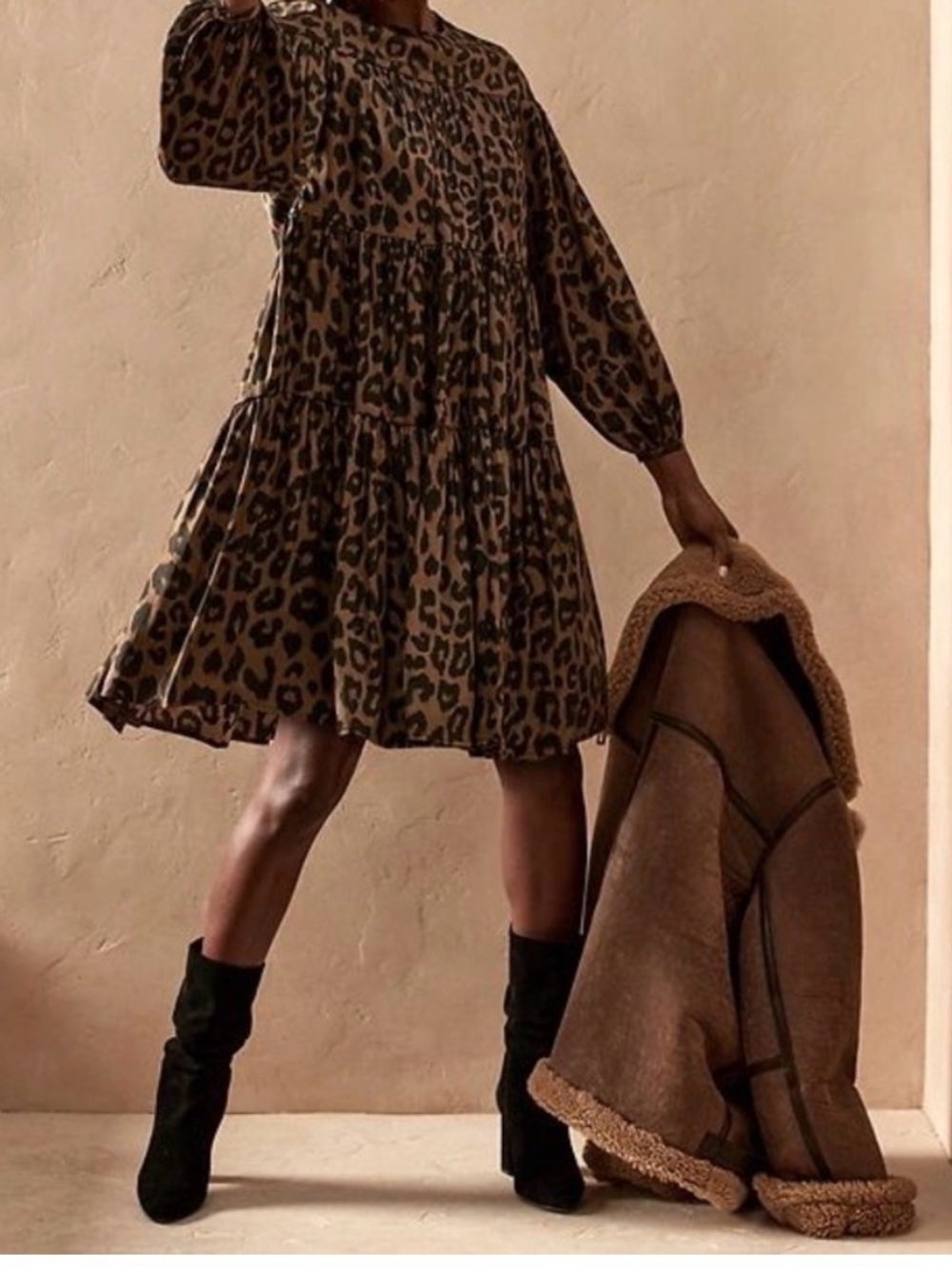 Banana Republic Leopard Print Tiered Mini Dress - Brown/Black